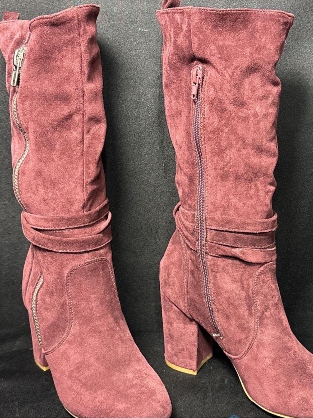 Buckle Faux Suede Busy Bee Burgundy Block Heel Boots